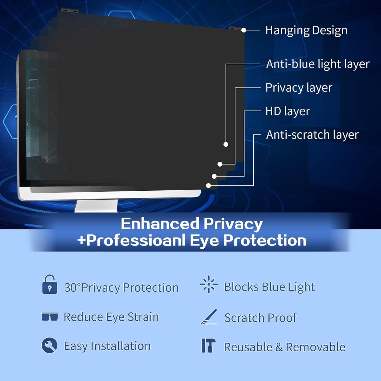 Computer Privacy Screen Filter 24 Inch, 9H Hardness Hanging Computer Screen Privacy Shield Compatible with 23.6,23.8 inch for 16:9 Widescreen Monitor, Eye Protection and Blue Light Blocks