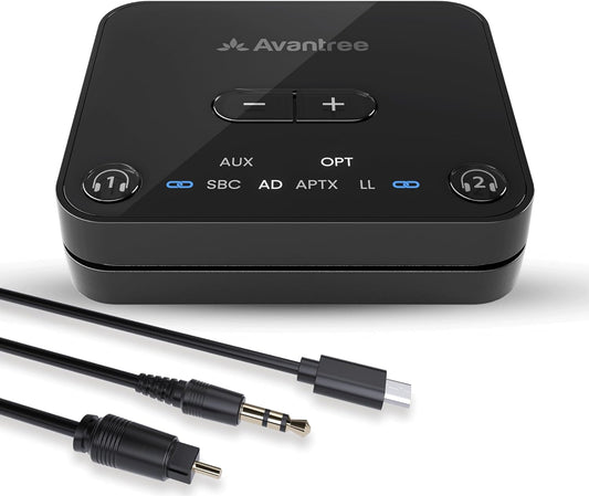 Avantree Audikast 3 – Bluetooth 5.3 Transmitter for TV Audio via Optical & AUX Outputs, aptX Adaptive, Dual Headphone Connection, 100ft Range