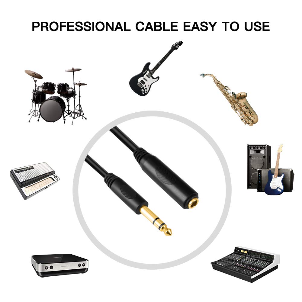 Devinal 6.35mm 1/4" inch TRS Plug Male to 1/4 Female Headphone Guitar Extension Cable Cord, Gold Plated Audio Cable Stereo Extender, 20 feet (6 M)