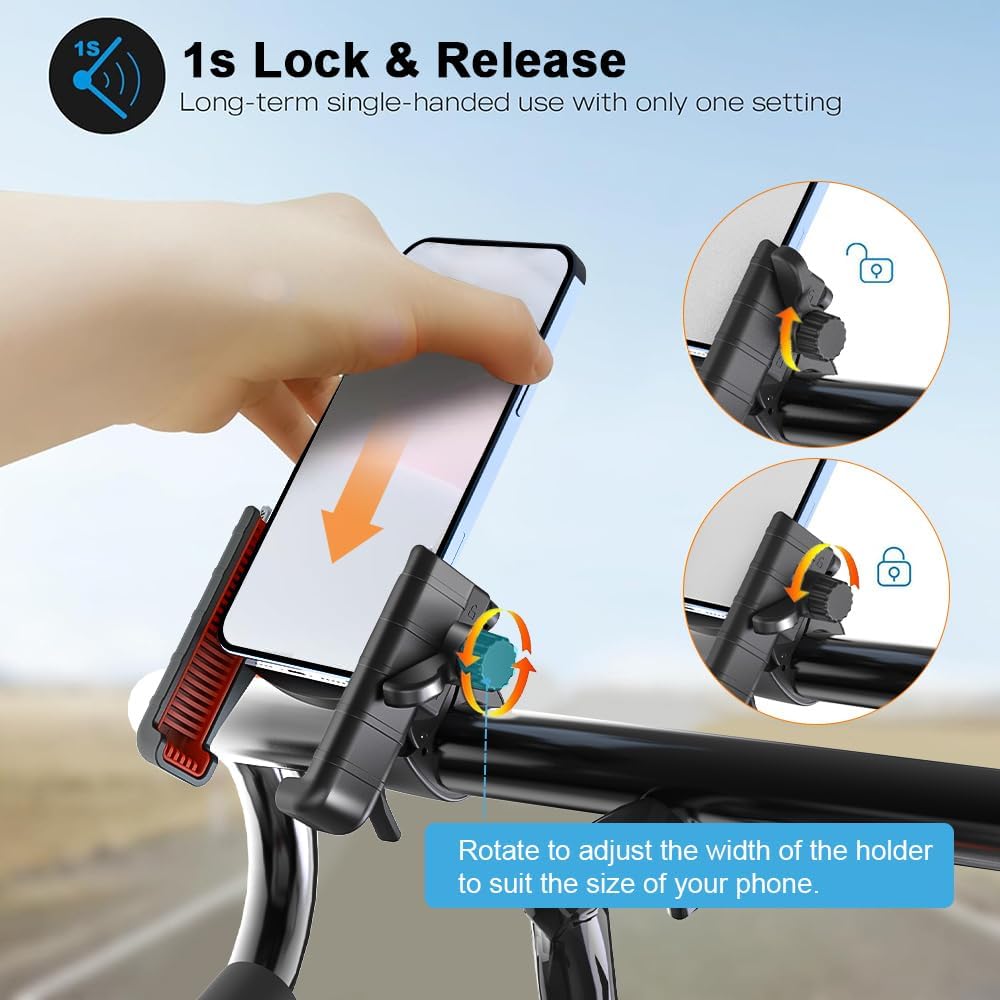 Universal Adjustable Bicycle Phone Holder Compatible with iPhone 15/14/13/12 Pro Max, Samsung Galaxy S23/S22 Ultra, Secure 360° Rotation Cycling Accessories for Road Mountain Bikes