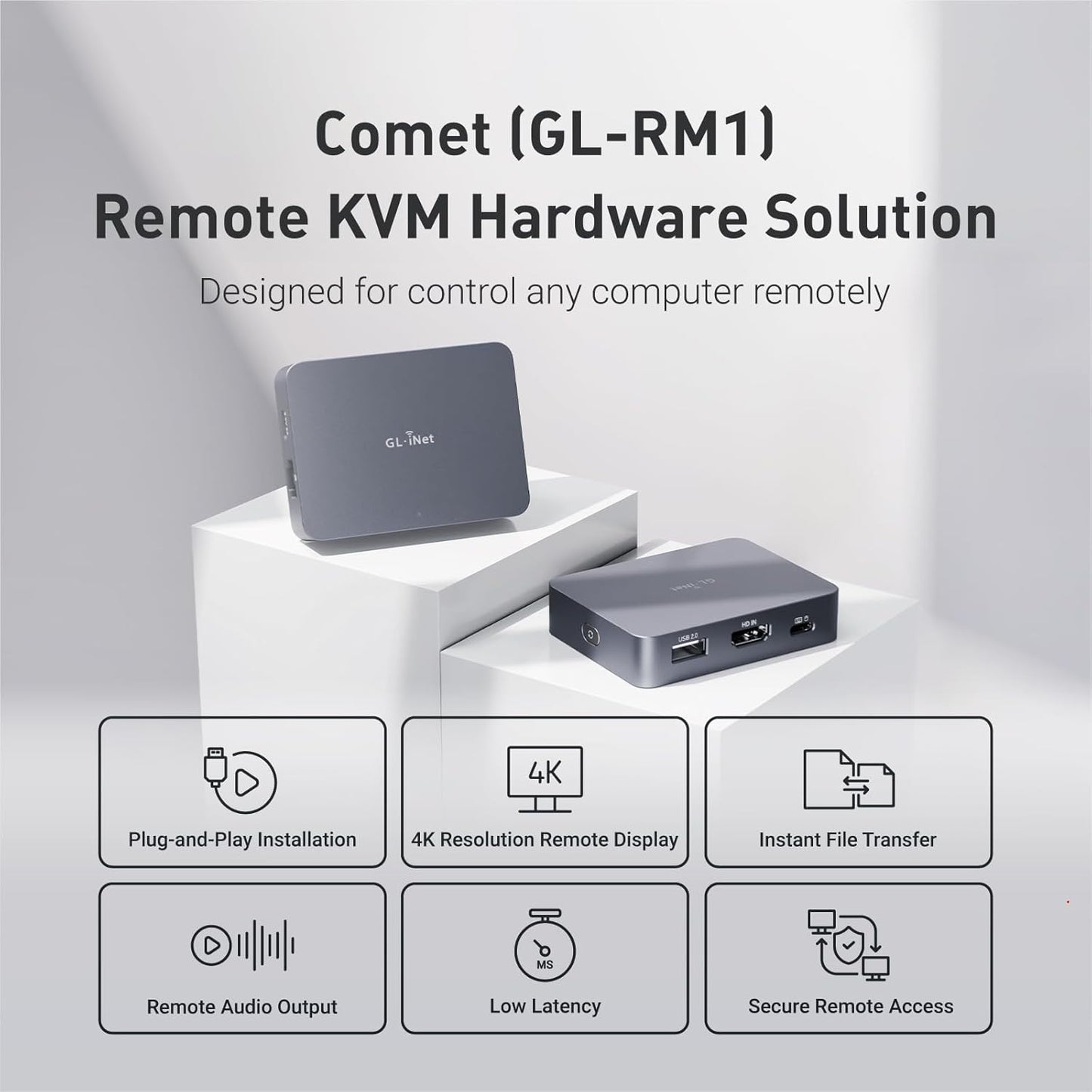 GL.iNet Comet (GL-RM1) Remote KVM Over Internet, 4K@30Hz Tailscale Support,Remote Keyboard, Video, Mouse, Install OS Via BIOS Control, Adapted KVM Switches for Home Offices,Data Center