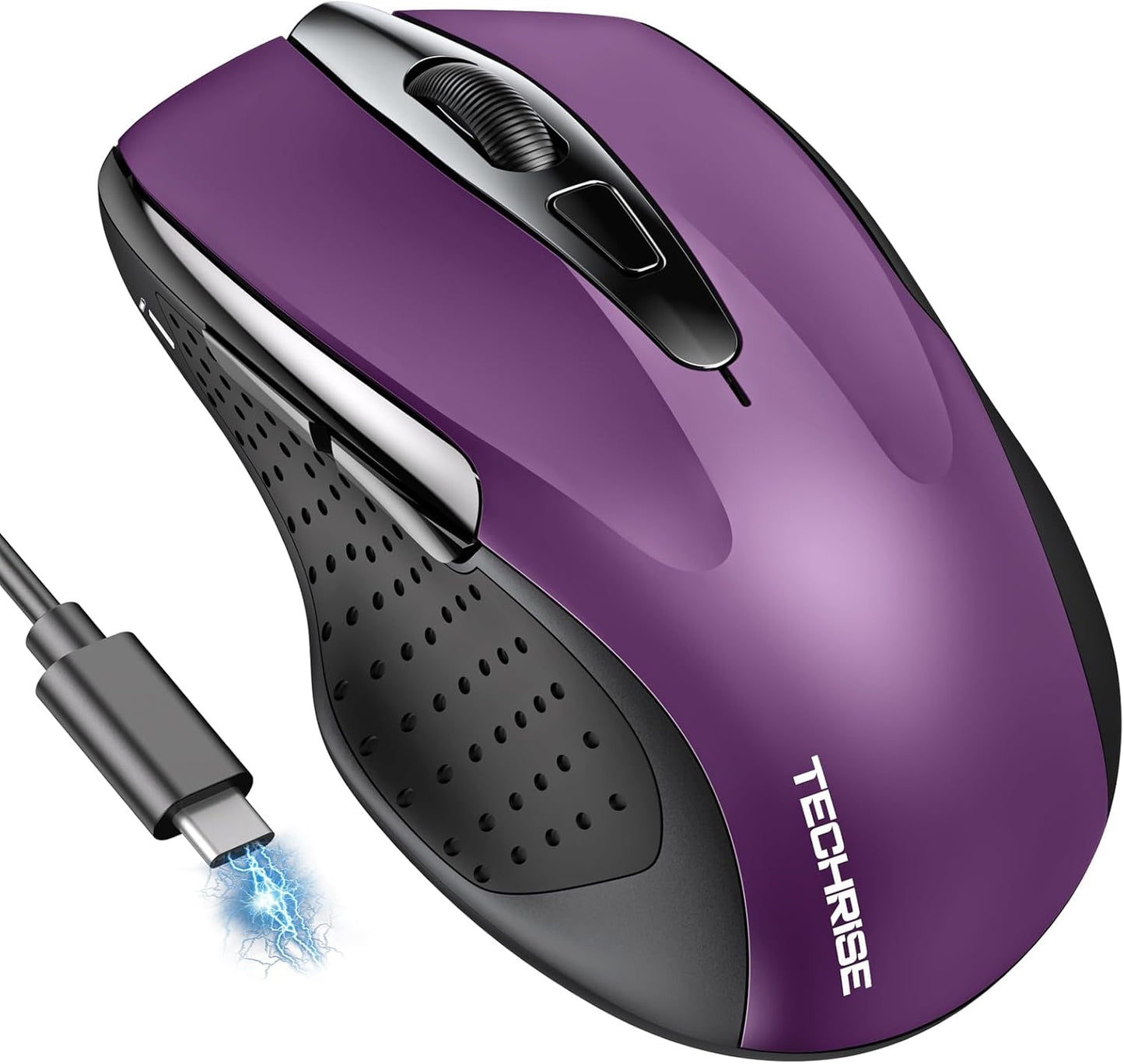 Bluetooth Mouse (BT5.0/3.0 & 2.4G) Rechargeable Wireless Mouse, 4800 DPI Optical Tracking, 6 Adjustable DPI, 2.4GHz with USB A Receiver, Quiet Clicks, Ergonomic Grips, 6 Buttons - Purple
