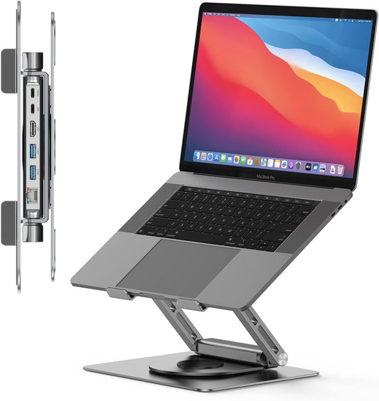 Tobenone Laptop Docking Station Stand for MacBook Pro/Air/Dell/HP/Surface/Lenovo, Mac Docking Station with 4K HDMI, USB 3.0, RJ45, PD 3.0, USB C Laptop Stand Hub for Desk with 360 Rotating Base Grey