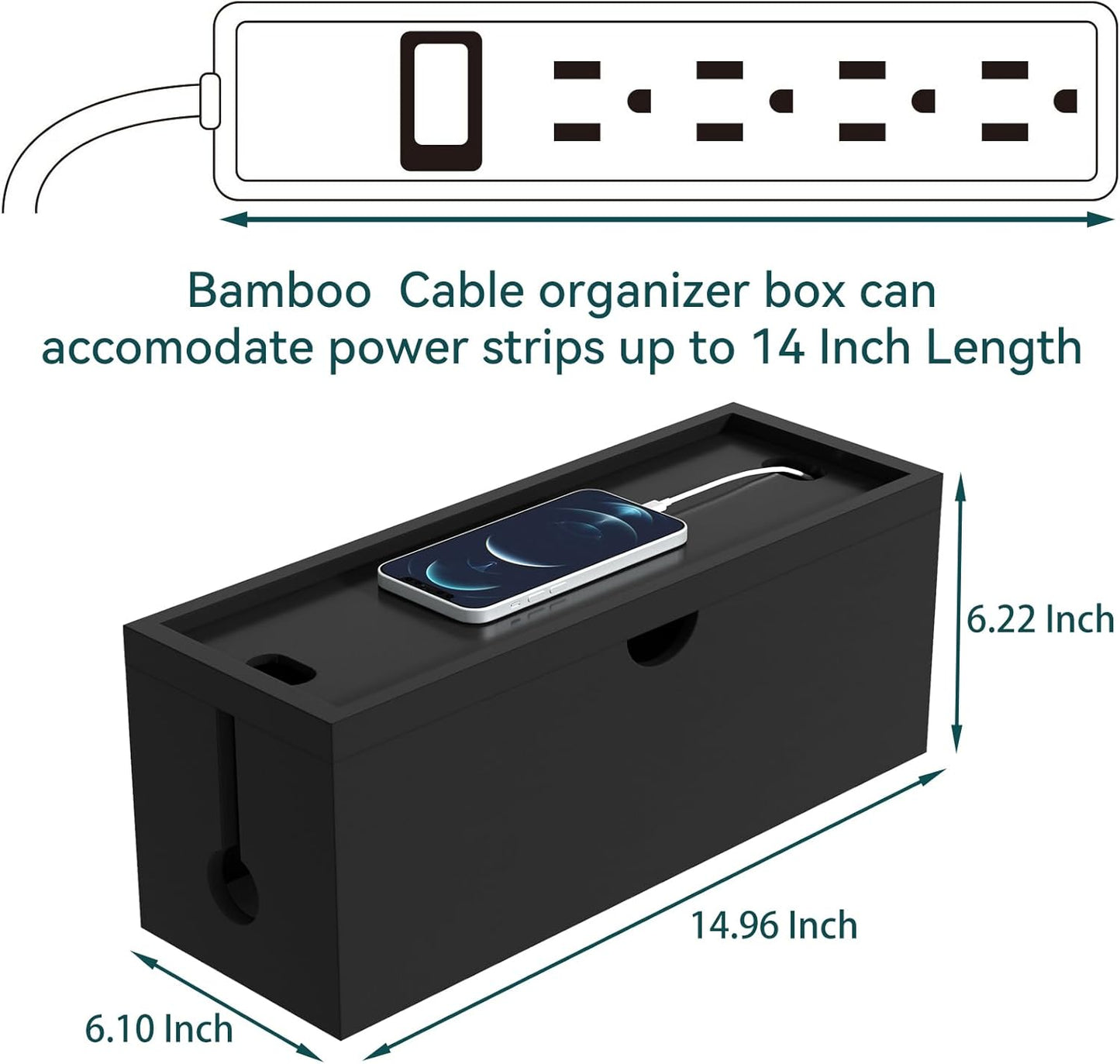 Bamboo Cable Management Box, Large Cord Organizer Box Cable Box to Hide Wires & Power Strips for Desktop Storage Cord Holder for Office Home,No Assembley Required (All Black, Large)