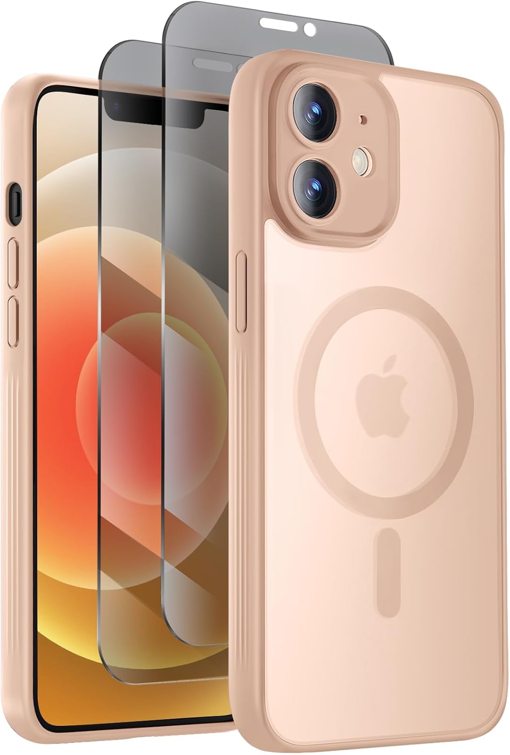 Designed for iPhone 12 Case, Compatible with MagSafe, with Privacy Screen Protectors X2, [Camera Protection] [15FT Military Drop Protection] Shockproof Phone Case, 6.1", Light Brown