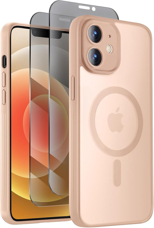 Designed for iPhone 12 Case, Compatible with MagSafe, with Privacy Screen Protectors X2, [Camera Protection] [15FT Military Drop Protection] Shockproof Phone Case, 6.1", Light Brown