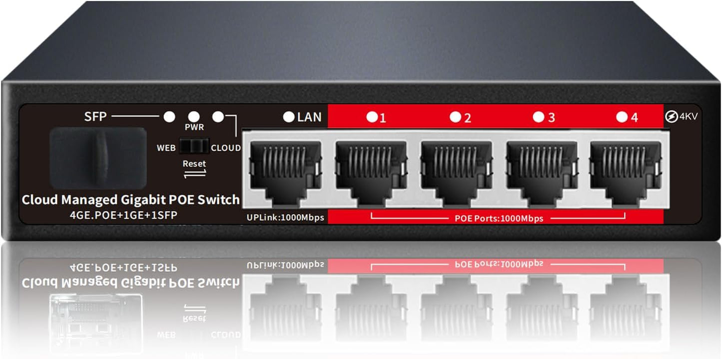 Poe Switch, 5 Port Gigabit PoE+ Switch, Cloud Managed Gigabit Ethernet Switch, 4 Poe Ports @52W, 1 Uplink Ports, 1 SFP Slot, APP Smart Managed, Overload Protection w/ Port