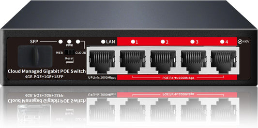 Poe Switch, 5 Port Gigabit PoE+ Switch, Cloud Managed Gigabit Ethernet Switch, 4 Poe Ports @52W, 1 Uplink Ports, 1 SFP Slot, APP Smart Managed, Overload Protection w/ Port