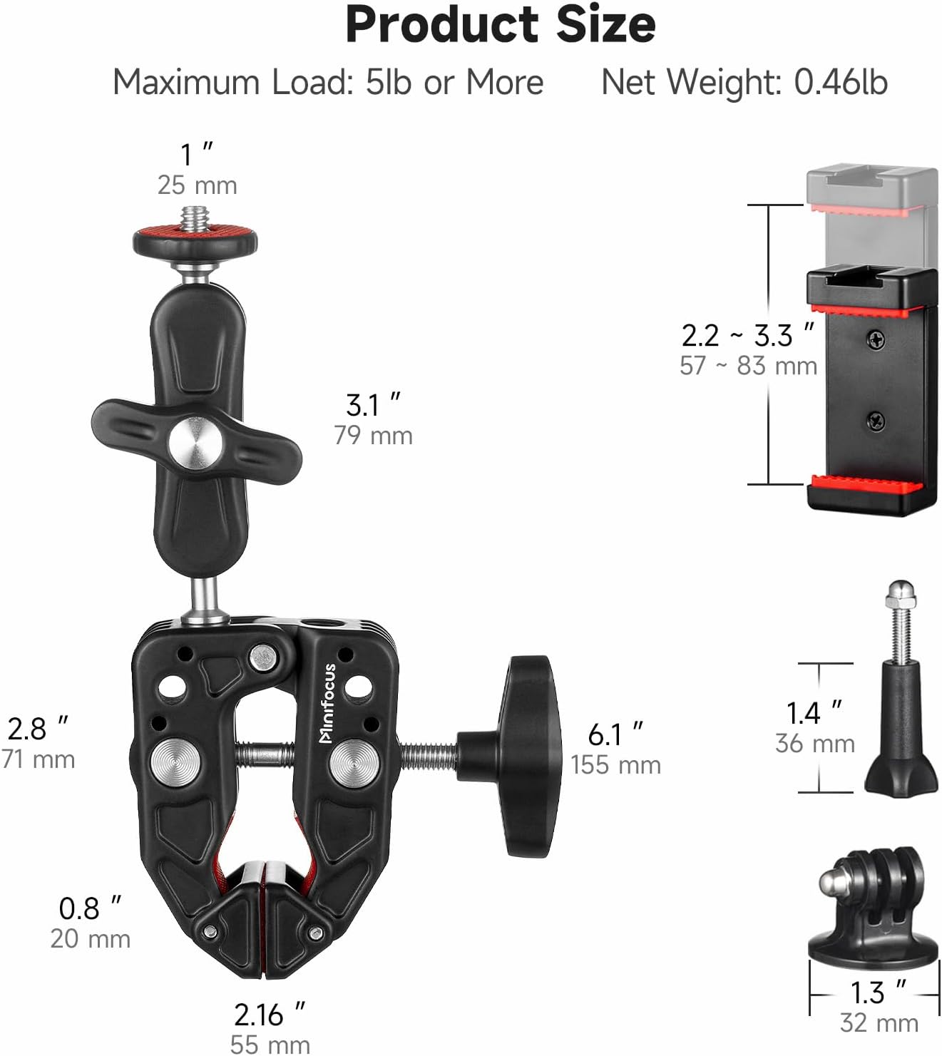 MINIFOCUS Super Clamp Camera Clamp Mount, 360° Ballhead Magic Arm with 1/4" 3/8" Port Extension Holder Adapter, Double Ball Head Adapter for Canon Nikon DSLR GoPro Action Camera Video Light