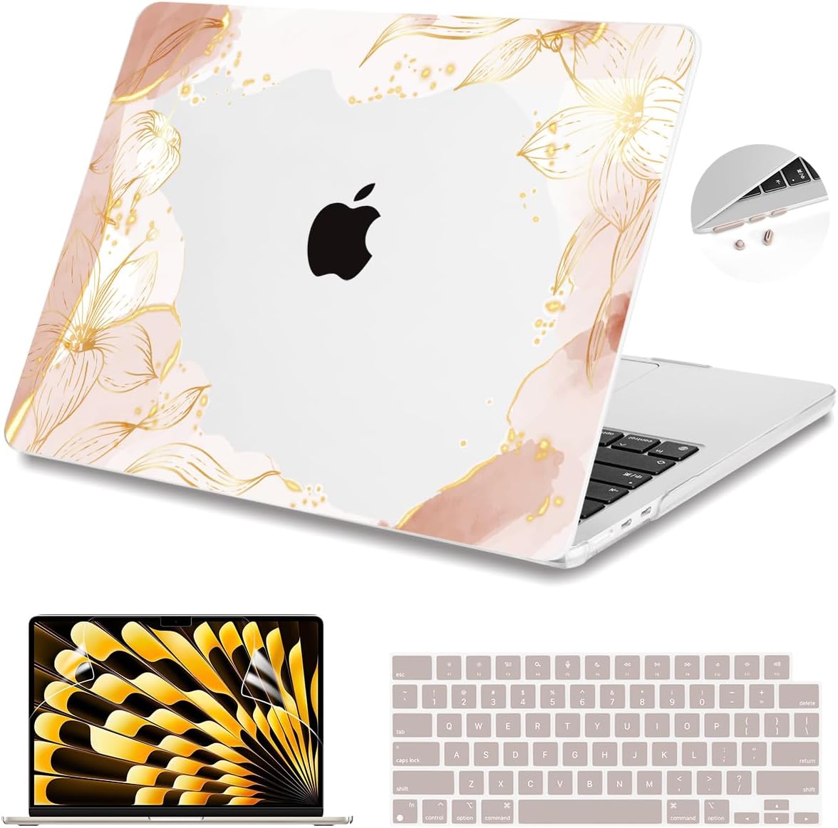 Teryeefi for MacBook Air 15 inch Case M4 M3 M2 Chip 2025 2024 2023 Released Model A3241 A3114 A2941, Designed Hard Shell Cover & Screen Protector & Keyboard Cover- Art Gold Floral Line