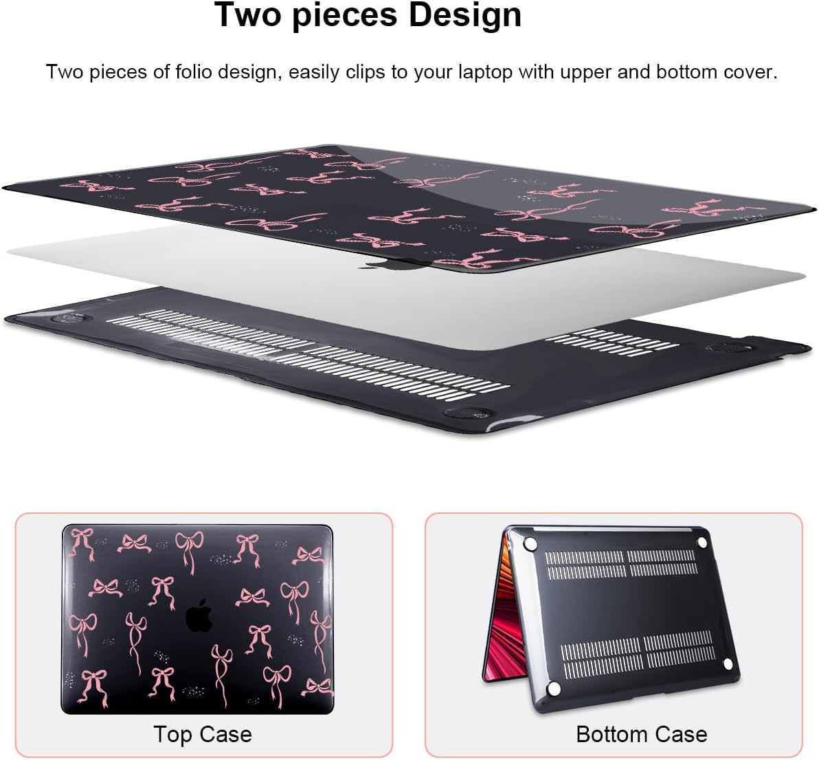 for MacBook Air 13 inch Case 2021 2020 2019 2018 Release M1 A2337 A2179 A1932, Pritned Pattern Plastic Hard Case Cover for MacBook Air 13 M1 with Retina Display Touch ID, Pink Bowknot Black