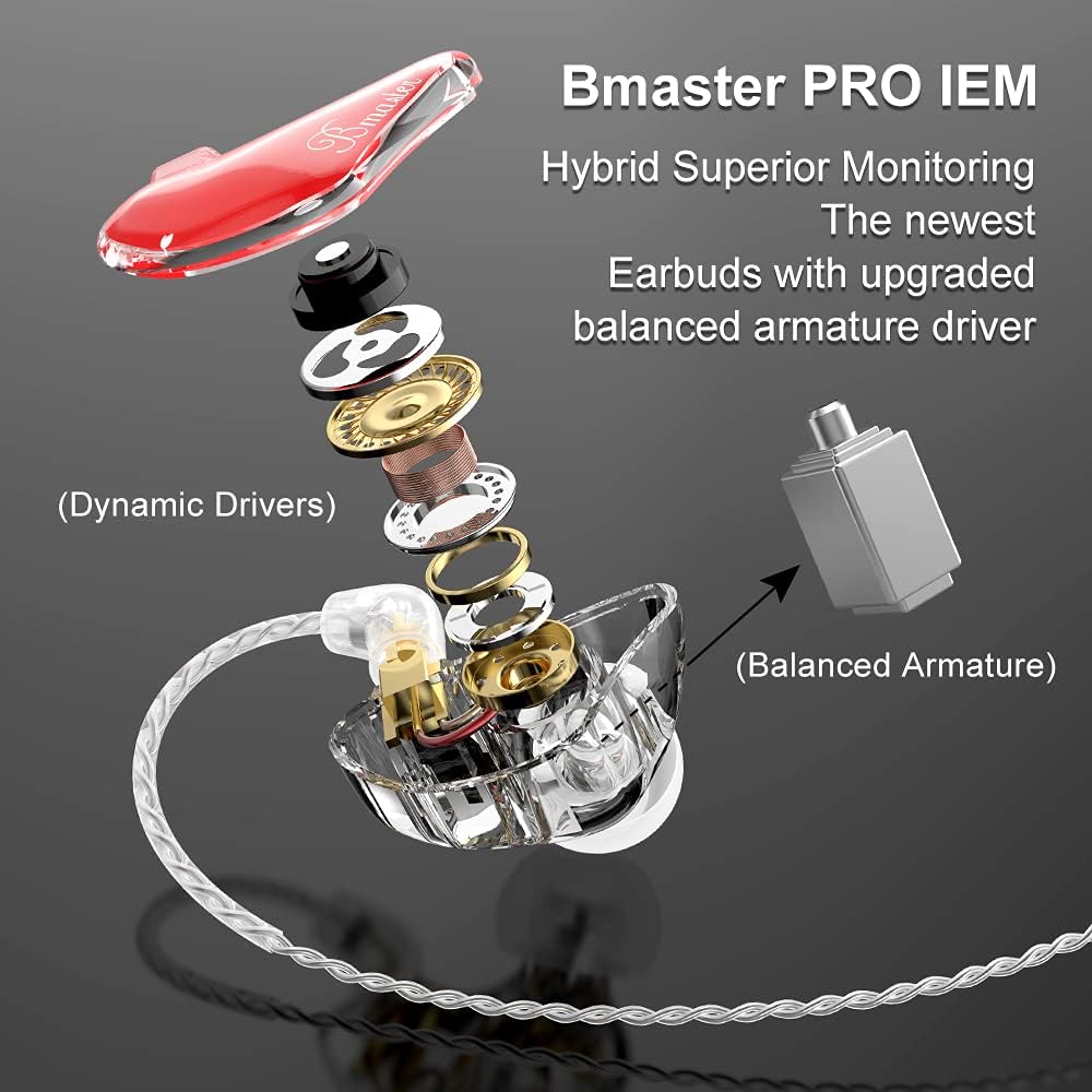 BASN in-Ear Monitors, Bmaster Triple Driver HiFi Stereo Noise-Isolating with Enhanced Bass for Musicians Stage/Audio Recording(PRO Red/Black)