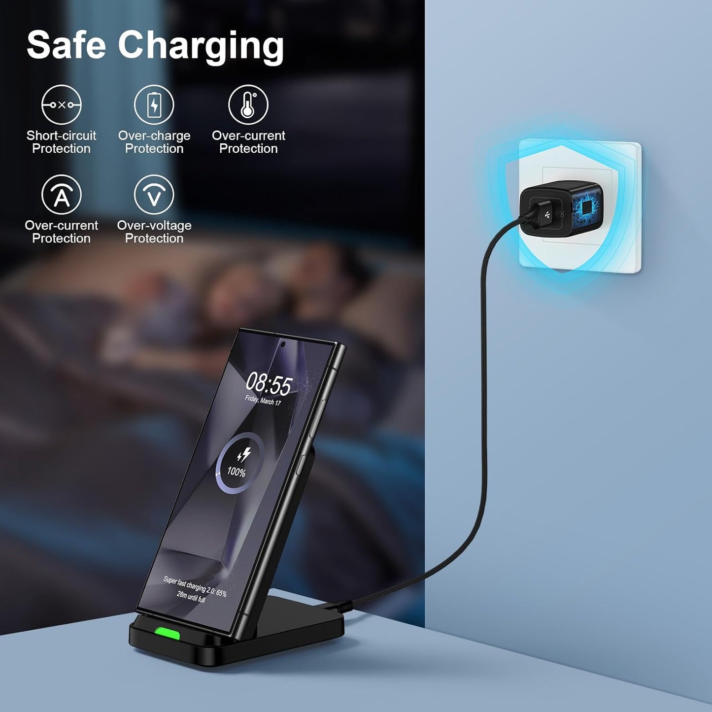 Wireless Charger Stand for Samsung Galaxy S25 Ultra Plus S24 S23 FE S22 S21,Motorola Desk Android Phone Fast Wireless Charging Station for Moto Razr Plus/Edge/G Stylus Power 2024,iPhone 16,18W Adapter