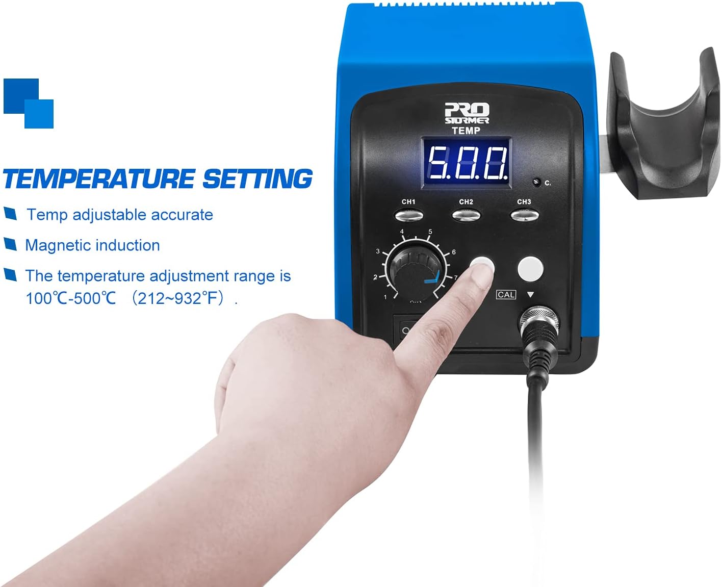 Hot Air Rework Station, Prostormer 120V Digital Display Heat Gun with 3 Sets Stored Temperature and Sleep Mode, Airflow Efficiency, Accurate Temp 100~500 ℃ (212~932°F) for Electronics Repairing