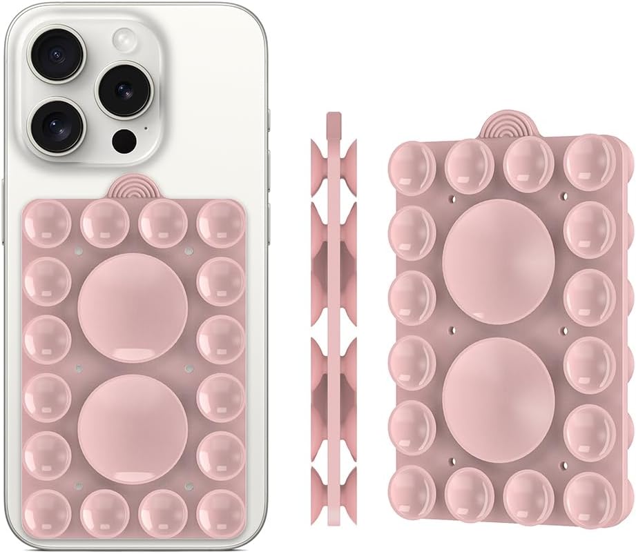 Double Sided Silicone Suction Phone Holder Mount,Compatible with iPhone and Android Cases Hands-Free Mirror Shower Phone Mount Strong Grip Holder (Light Pink, Double Sided 2PCS)