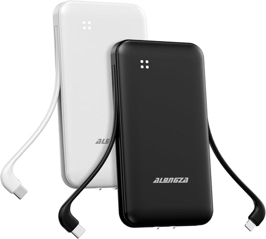 Alongza Portable Charger Built-in Cables and AC Wall Plug, Slim Fast Charging Power Bank 10000mAh, Lightweight USB C External Battery Pack Compact Travel Cell Phone Charger, 2 Pack Black & White