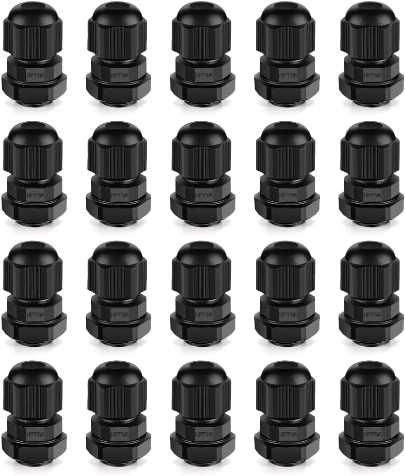 Cable Gland 20 Pack 1/4" NPT Waterproof Adjustable Connector Strain Relief Cord Connectors Joints Nylon with Gaskets…