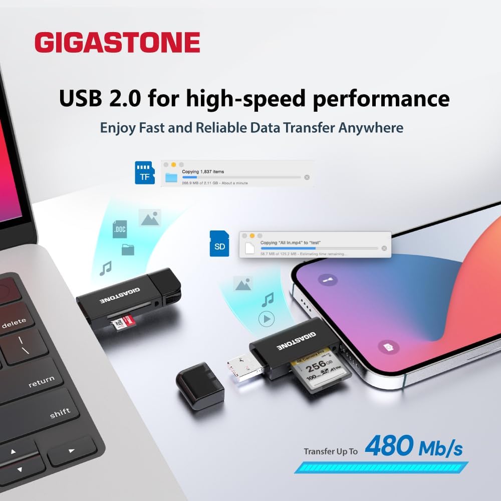GIGASTONE SD Card Reader 2-Pack, 5-in-1 USB-A/USB-C Card Reader, Dual Slot for SD/Micro SD/SDHC/SDXC, Compatible with Laptop, PC, iPhone16/15, MacBook Pro/Air, iPad Pro, Android