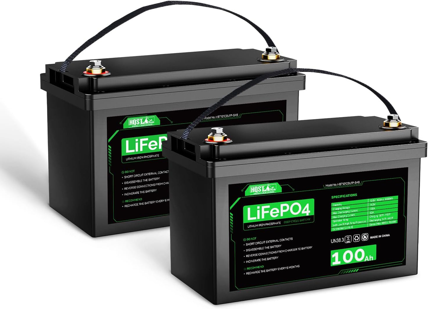 HQST LiFePO4 Battery 100ah Lithium Battery, 12V Lithium Iron Phosphate Battery Deep Cycle Marine Battery, 10 Year Lifetime with Low & High Temp Protection for RV, Trolling Motor, Boat-2 Pack