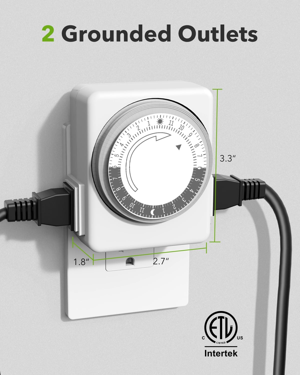 HBN Outlet Timer for Electrical Outlets Indoor, 24 Hour Mechanical Light Timers for Lamps, Dual 2-Prong Plug-in Outlets, 15-Minute Intervals, Heavy Duty Daily Cycle, 1 Pack