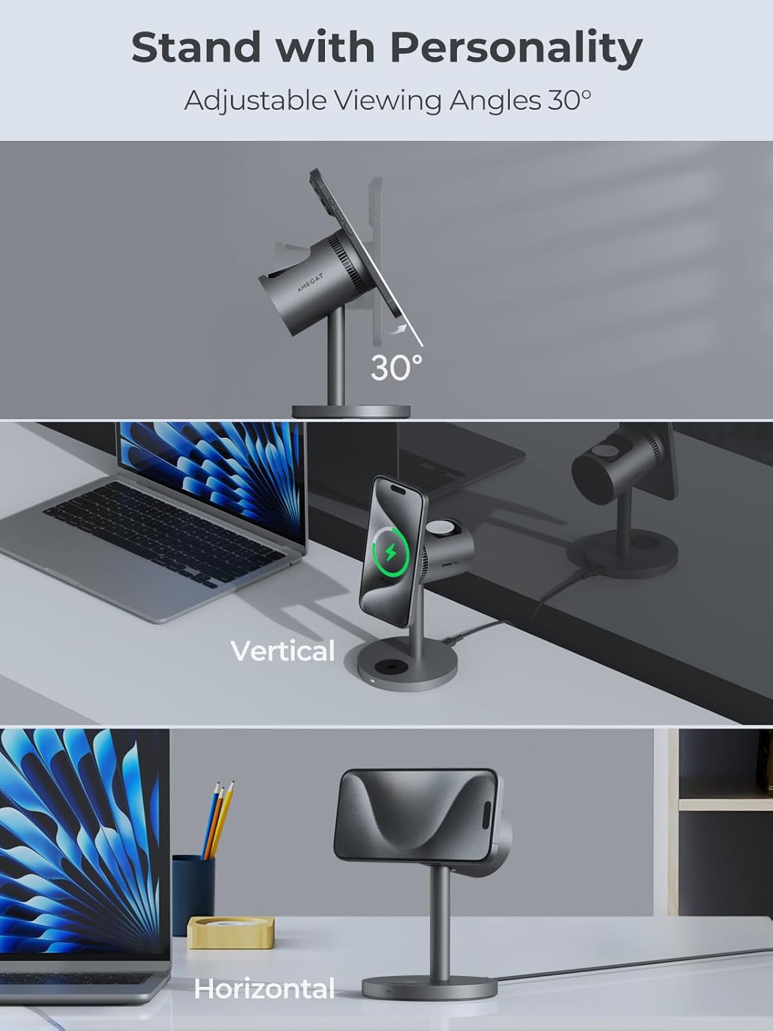 3 in 1 Charging Station Compatible with MagSafe, 15W Cooling Wireless Charger, Charger Stand Qi2 Certified for iPhone 16/15/14/13/12, Samsung S25, Apple Watch, AirPods (45W PD Charger Included)