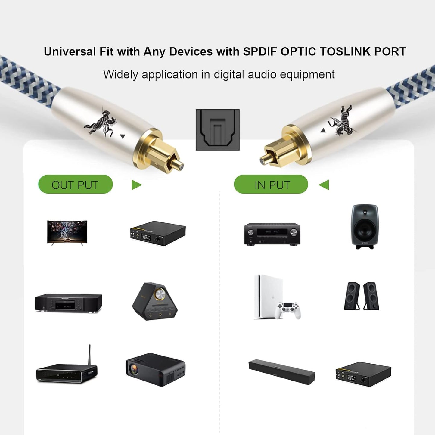 Digital Fiber Optic Audio Cable for Sound Bar Toslink Cord Male to Male 24K Gold Plated Connector Optical Audio Cable 6ft 10ft S/PDIF Glass Core, 3.3feet/1M IMP-2201