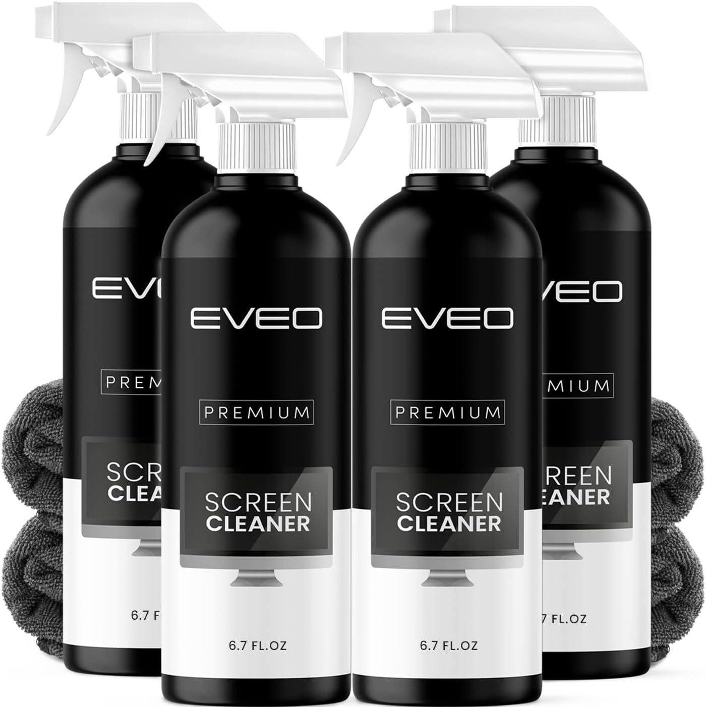EVEO® Screen Cleaner Spray Kit (Streak-Free) TV Screen Cleaner for Smart TV, LCD, LED, OLED | Computer Screen Cleaner Spray and Wipe Microfiber Cloth - TV, Monitor, Laptop, iPad, Car - 6.7oz 4 Pack