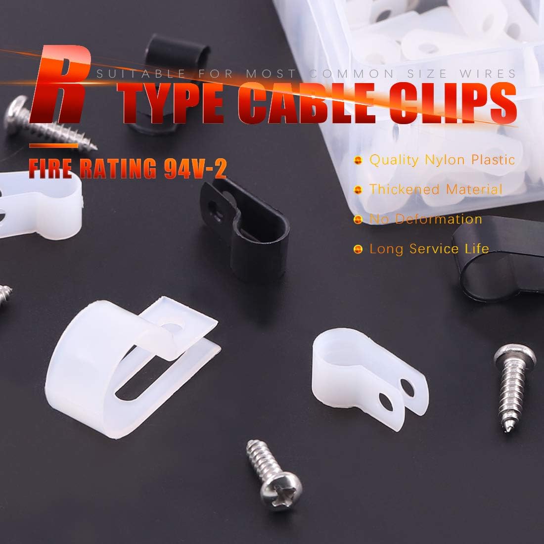 Hilitchi 132 Pcs 6 Sizes Black and White Plastic Cable Clamp R Type Screw Mounting Cord Fastener Cable Clips Assortment Kit with Screws for Wire Management Cable Conduit (Clips from 6mm to 23mm)