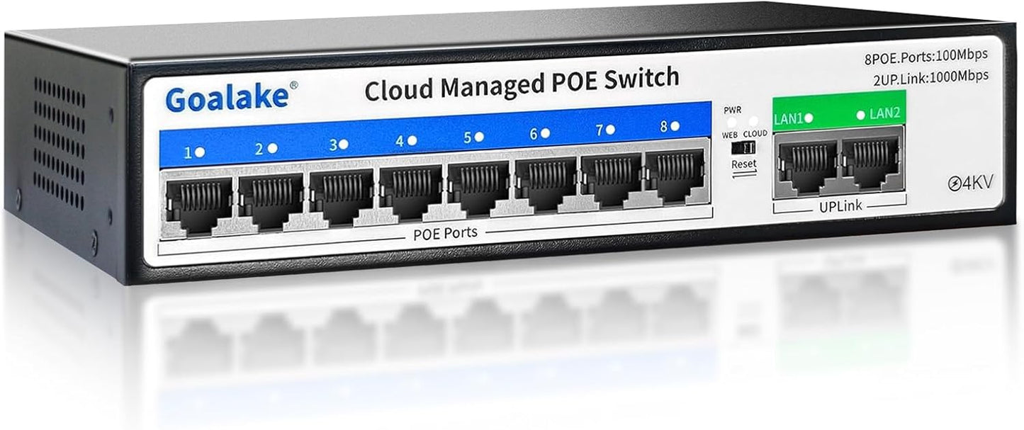 10-Port PoE Switch (8 PoE Ports@120W Built-in Power, 2 Uplink) with Extend Function, Managed Ethernet Switch, Plug & Play, Fanless Metal Design, VLAN, Qos,Desktop/Wall Mount