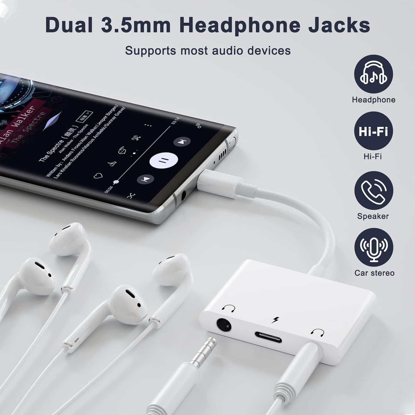 Headphone Adapter for iPad, Headphone Splitter for 2 Headphones,3 in 1 USB C to 3.5mm Jack Audio Adapter with 60W Fast Charging Compatible with S24/23 Ultra.