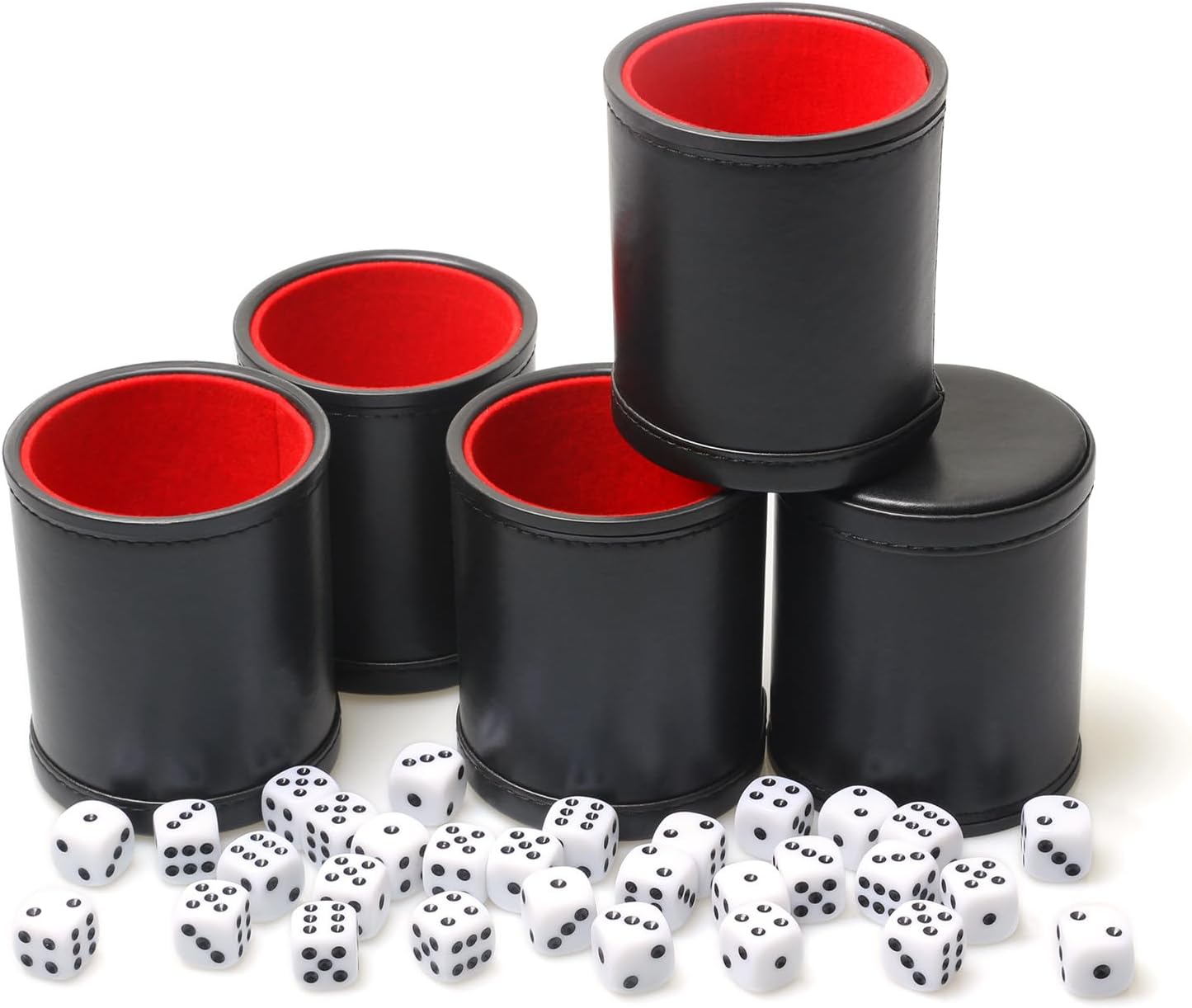5 Pack PU Leather Dice Cup Set with 6 Dot Dices Felt Lined Quiet Shaker for Yahtzee Bar Party Family Dice Games,Red/Black