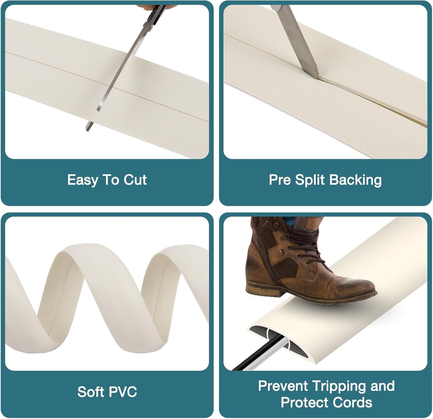 Floor Cord Cover, Cable Protector, 0.63W x 0.31H inches, Wire Cover for Extension Cords, Floor Cable Covers Prevent Cable Trips (Beige, 50-3 Feet)