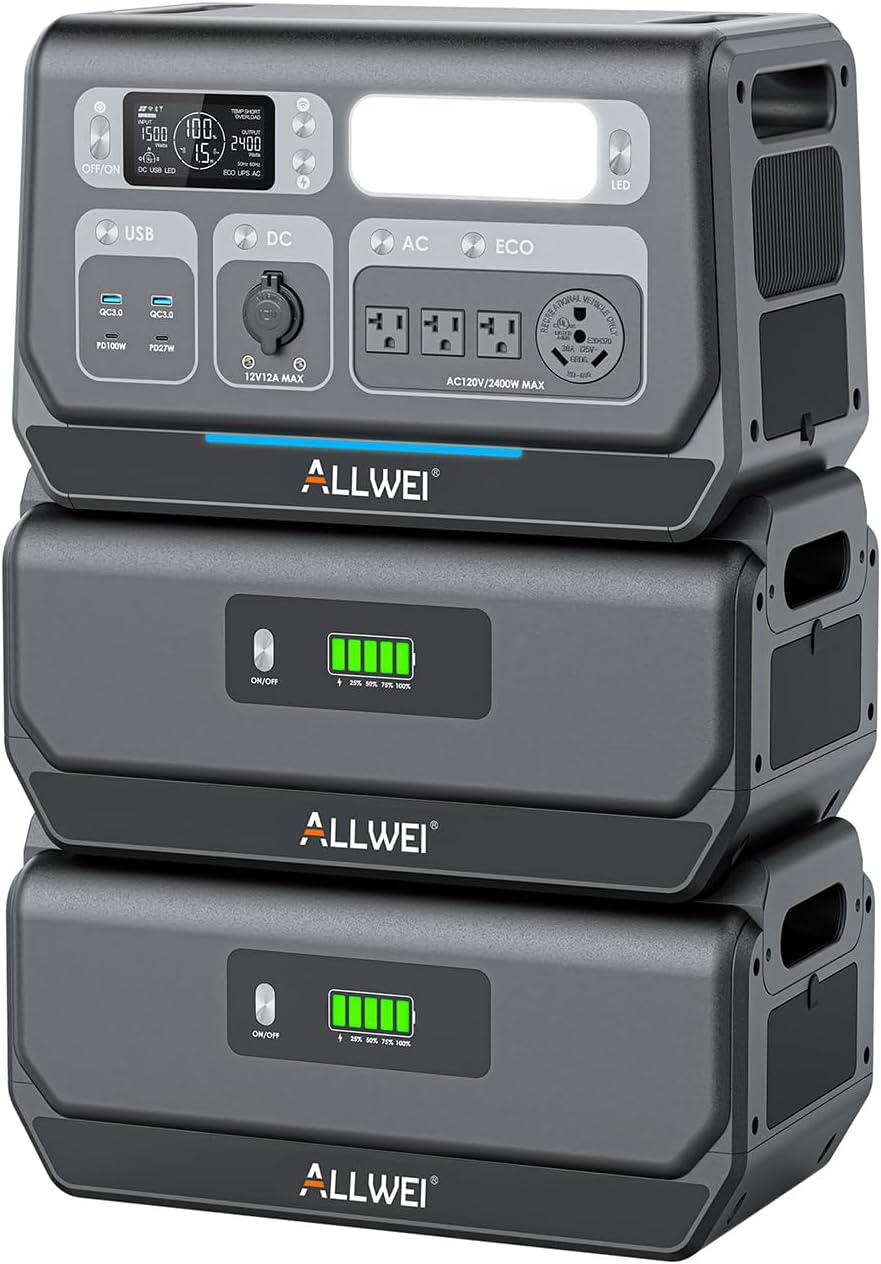 ALLWEI 2400W Portable Power Station and 2x B200 PRO Expansion Battery, 6144Wh LiFePO4 Battery 4 AC Outlets Up to 2400W for Home, Outdoor Camping, RV, With 1500W AC Charging &1200W Solar Charging