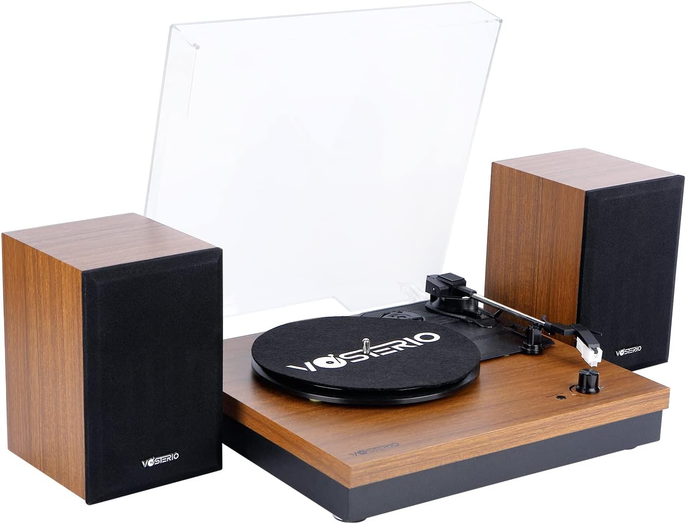 Bluetooth Record Player, 3-Speed Belt-Driven Turntable with Bluetooth Input& Output, Aux-in, Two 15W External Speakers, Retro Vinyl Player, Walnut