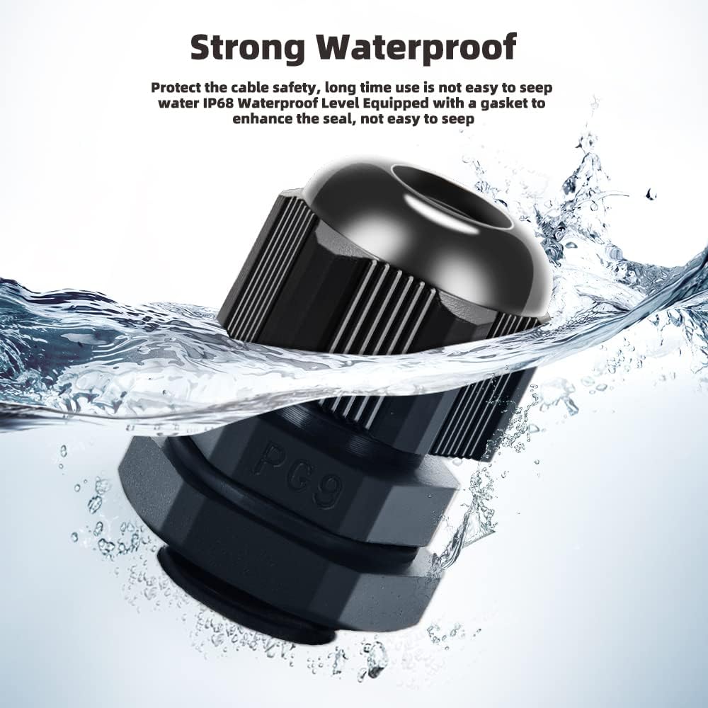 Cable Gland 20 Pack Plastic Waterproof Adjustable Connector 4-8mm PG9 Strain Relief Cord Connectors Joints Nylon with Gaskets
