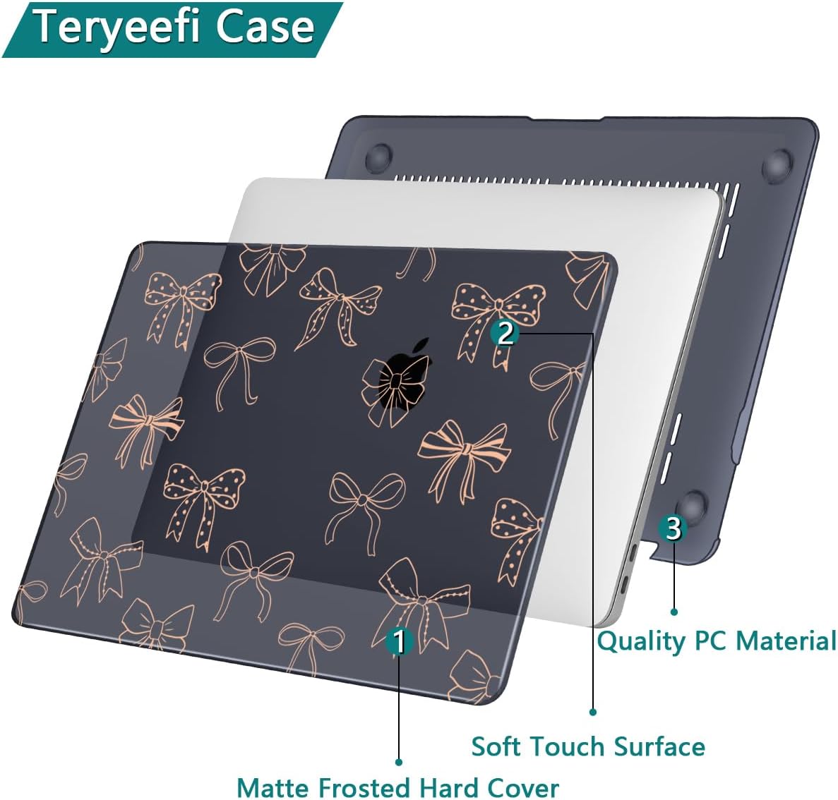 Teryeefi Case for MacBook Air 13 inch 2020 2019 2018 fits Model M1 A2337 A2179 A1932 with Retina Display with Touch ID, Plastic Hard Shell & Keyboard Cover & Screen Protector, Gold Bows A003