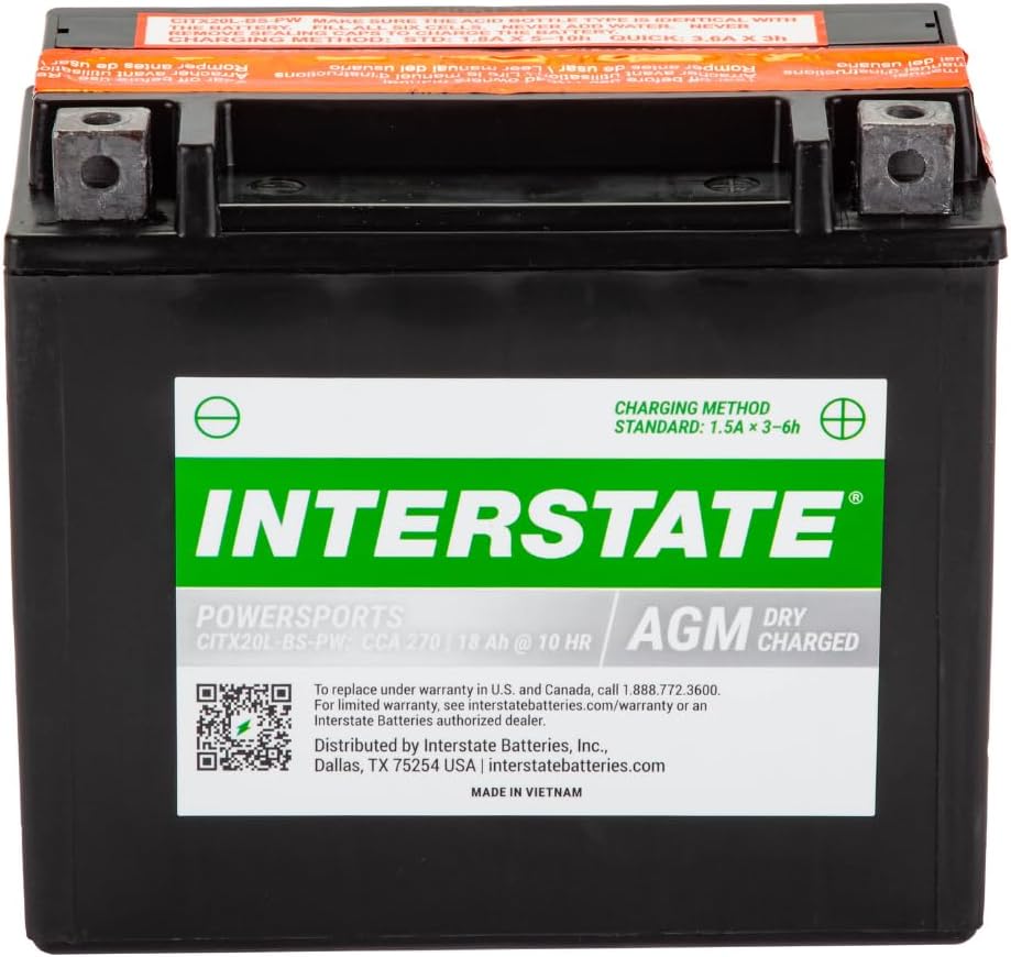 Interstate Batteries YTX20HL-BS 12V 18Ah Powersports Battery 270CCA High-Performance AGM Rechargeable Replacement for Motorcycles, ATVs, UTVs, Jet Skis, Snowmobiles (CITX20L-BS-PW)