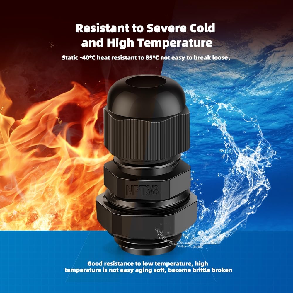 Cable Gland 12 Pack 3/8" NPT Waterproof Adjustable Connector Strain Relief Cord Connectors Joints Nylon with Gaskets…