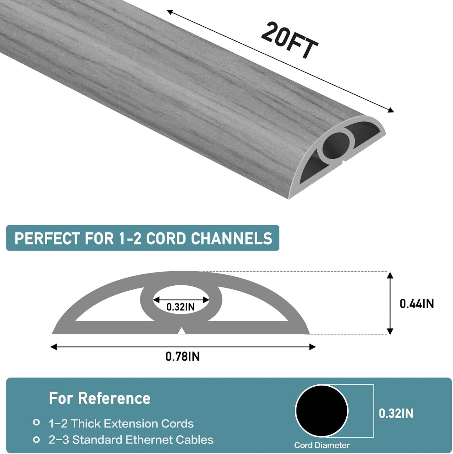 Floor Cord Cover Self Adhesive Cord Hider Floor Extension Cord Covers for Floor Power Cord Protector Cable Management Prevent Cable Trips Cable Cavity 0.32" W x 0.32" H (Light Grey Wood, 20Ft)
