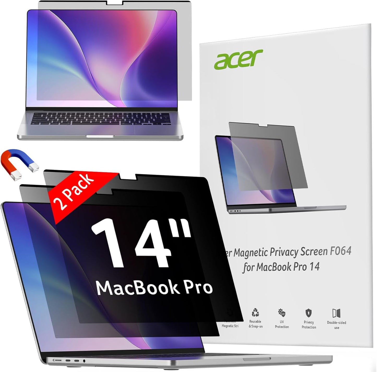 acer [2 Pack] Laptop Privacy Screen for MacBook Pro 14 Inch (2021-2024 M1, M2, M3, M4), Eye Protection Anti Spy/Glare Blue Light Computer Monitor Privacy Filter, Dual-Sided Magnetic & Removable