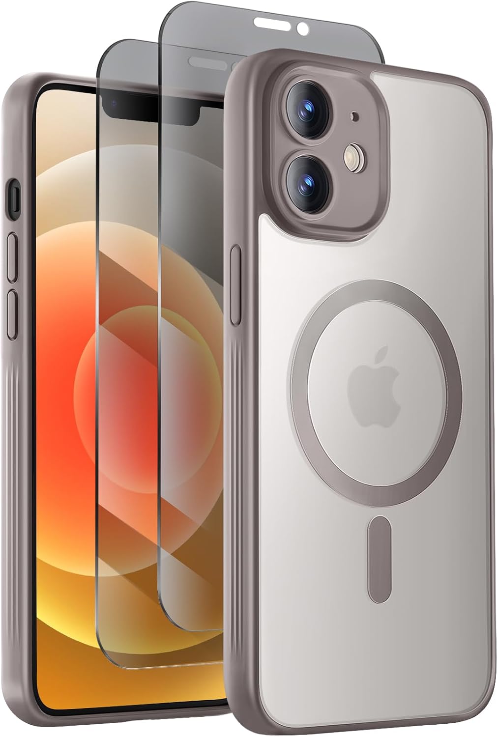 Designed for iPhone 12 Case, Compatible with MagSafe, with Privacy Screen Protectors X2, [Camera Protection] [15FT Military Drop Protection] Shockproof Phone Case, 6.1", Natural Titanium