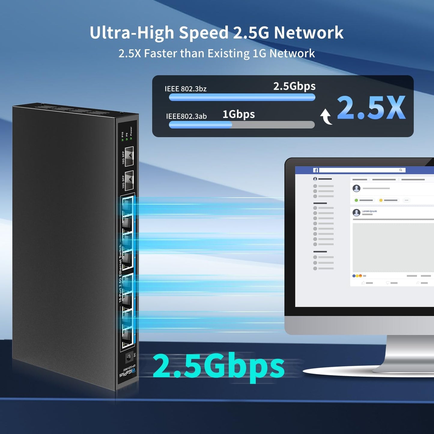 10 Port 2.5Gb Unmanaged Ethernet Switch with 8* 2.5G Base-T Ports, 2* 10G SFP+ Ports. GiGaPlus 2.5Gbps Network Switch for 2.5Gbps NAS/PC, WiFi6 Router, Wireless AP. Fanless Design, Plug and Play