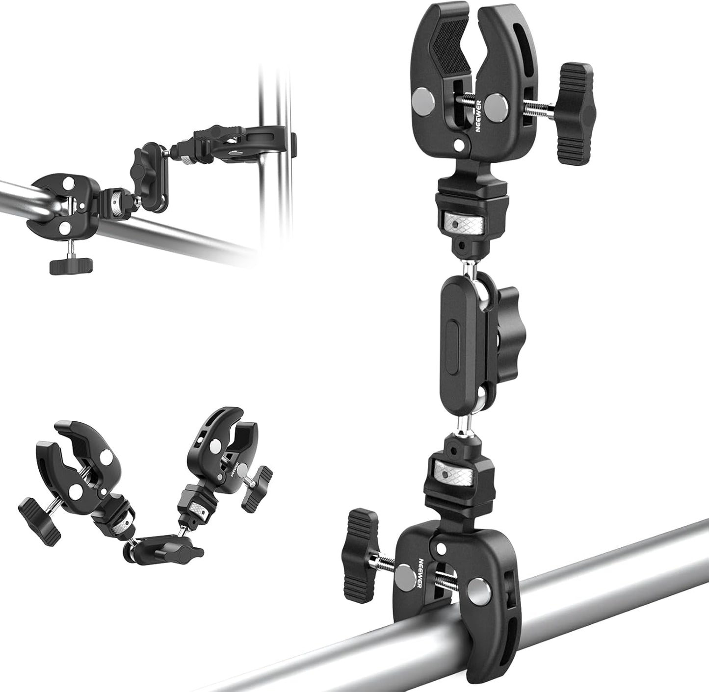 NEEWER Double Super Clamp Camera Mount with Magic Arm, NATO Interface, Cold Shoes, 1/4" Locating Holes for ARRI, Desk Studio Photography Light Stand Pole Cross Bar Umbrella Holder Clamp Mount, UA060