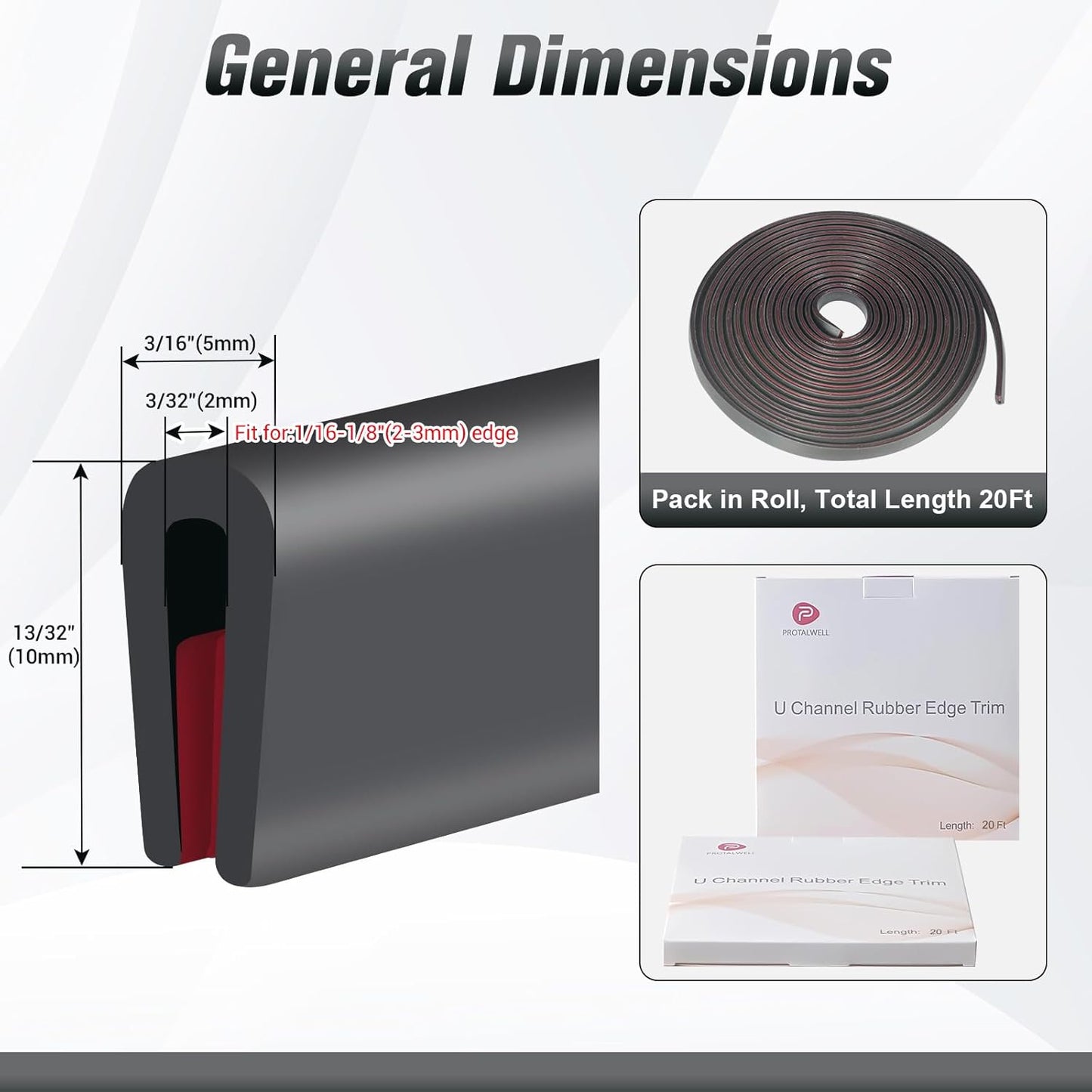 Edge Trim, 3/32" Rubber Edge Trim, Flexible Self Adhesive U Channel Edge Protector for Sharp Edge, Sheet Metal and Car Doors, Peel and Stick Auto Door Guard, Black Color, 20Ft