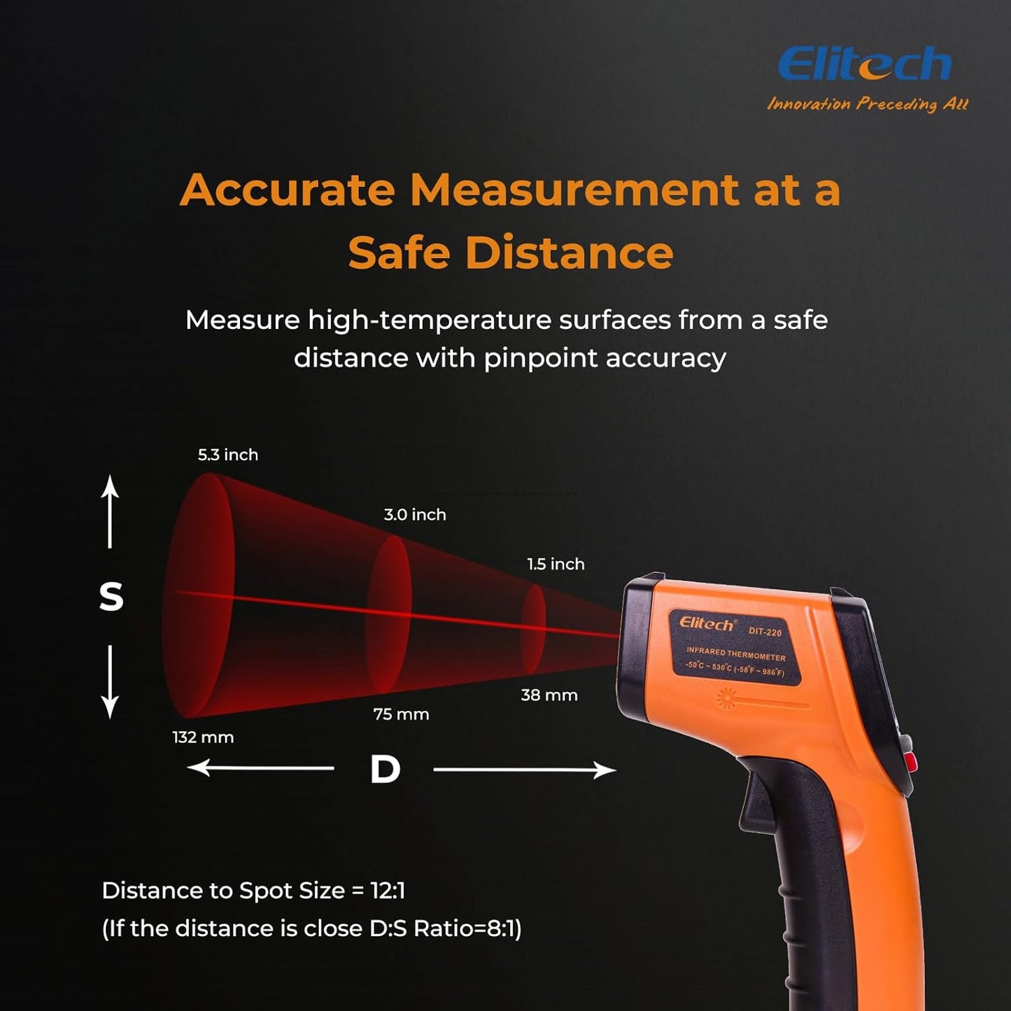 Elitech 2Pack Laser Temperature Gun, Non-Contact Digital Infrared Thermometer, Adjustable Emissivity, Backlight, Handheld for Grill, Meat, Candy, Automotive, HVAC Tools, -50~530°C(-58~986°F), DIT-220