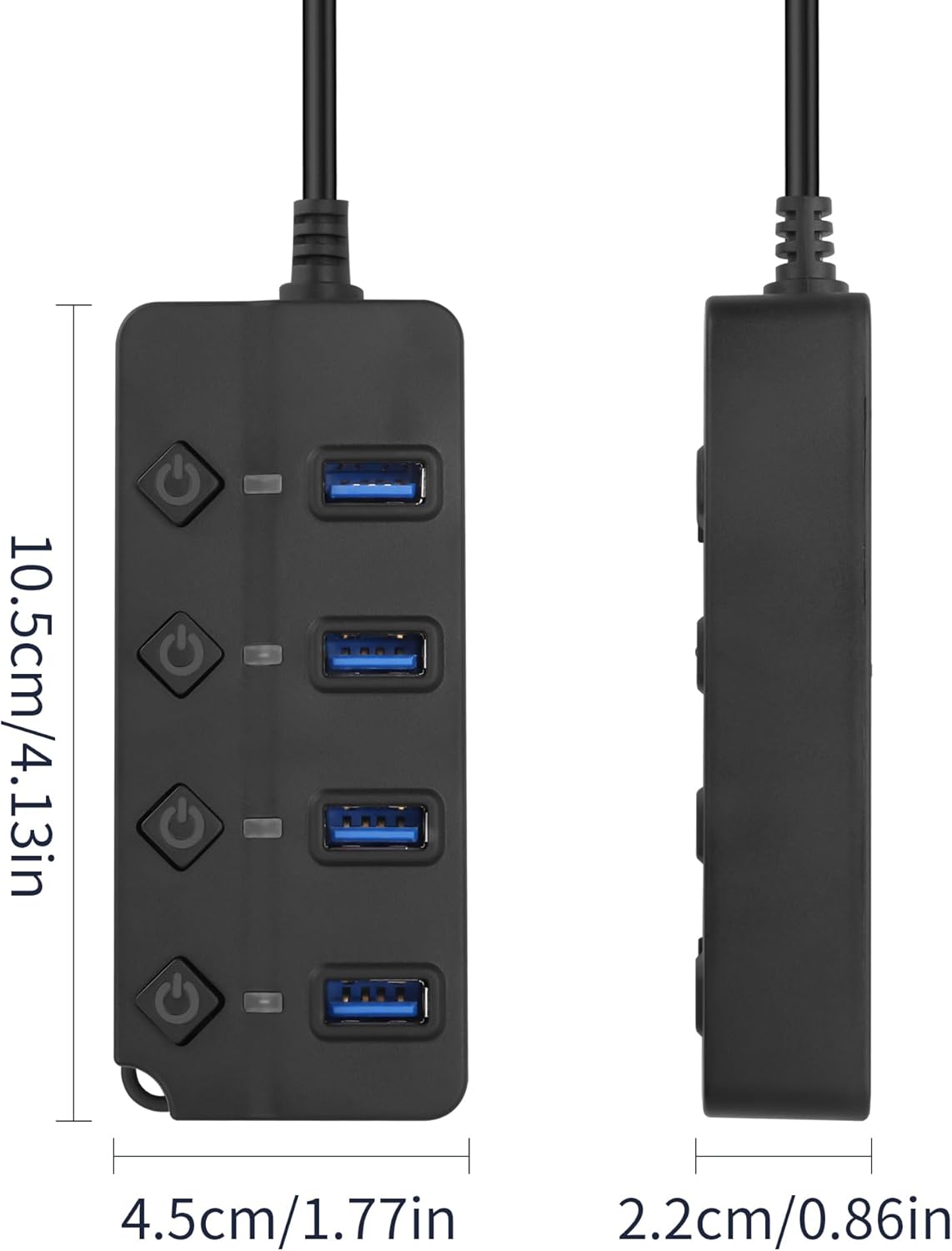 90 Degree USB Hub Splitter YACSEJAO USB 2.0 Data Hub with Individual LED Button On/Off Switch DC5.5 * 2.1 Power Port for Laptop,PC Computer (4 Ports, 1M)