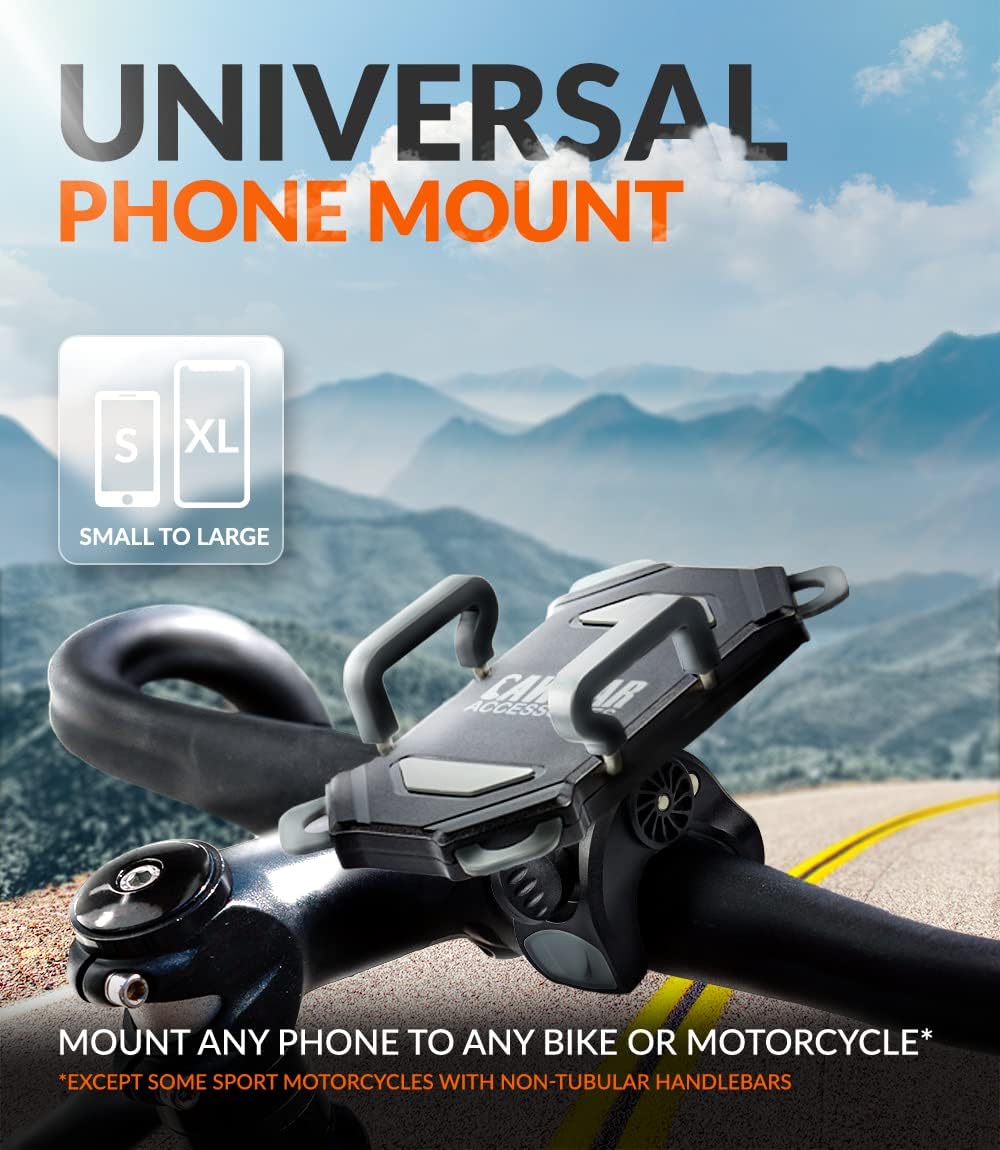 Bike & Motorcycle Phone Mount - For iPhone 16 (15, Xr, SE, Plus/Max), Samsung Galaxy S22 or any Cell Phone - Universal Handlebar Holder for ATV, Bicycle or Motorbike. +100 to Safeness & Comfort