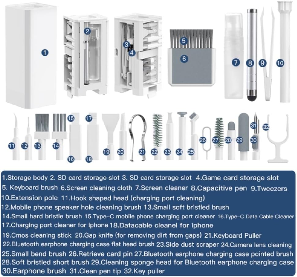 32-in-1 Multi-Function Electronics Cleaning Kit, Computer Laptop Cleaner Kit with Charging Port, Stylus Pen, Keyboard Brush & Reusable Tools for iPhone, MacBook, AirPods, Laptop, Camera Lens