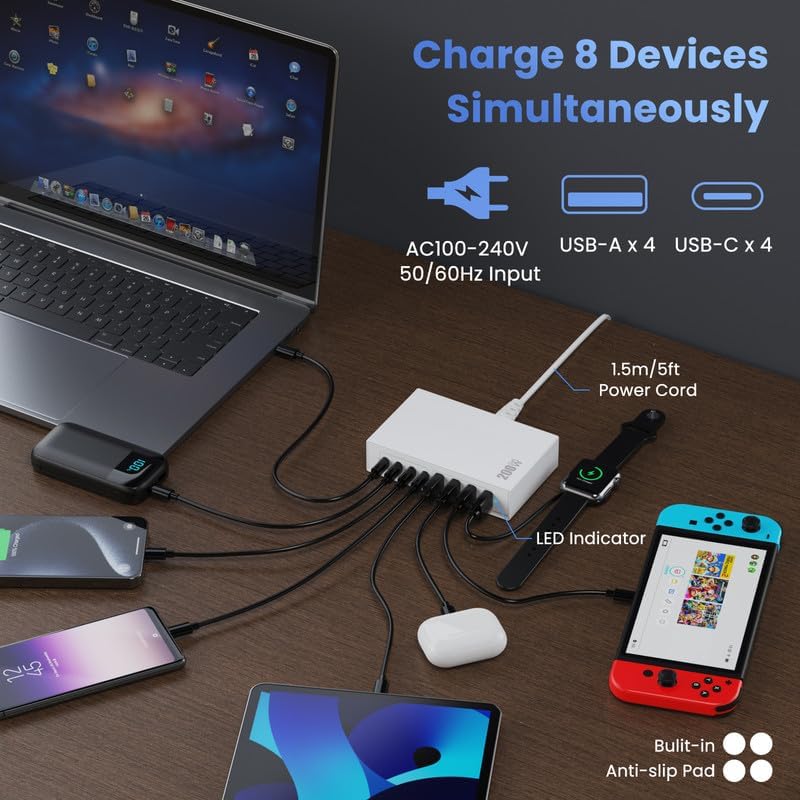 200W USB C Charger Block, 8-in-1 GaN USB C Charger Fast Charging Station Hub, PD 65W Laptop Adapter for MacBook Pro/Air/Dell XPS/iPhone 16/15/14/iPad/Galaxy S24 (White)