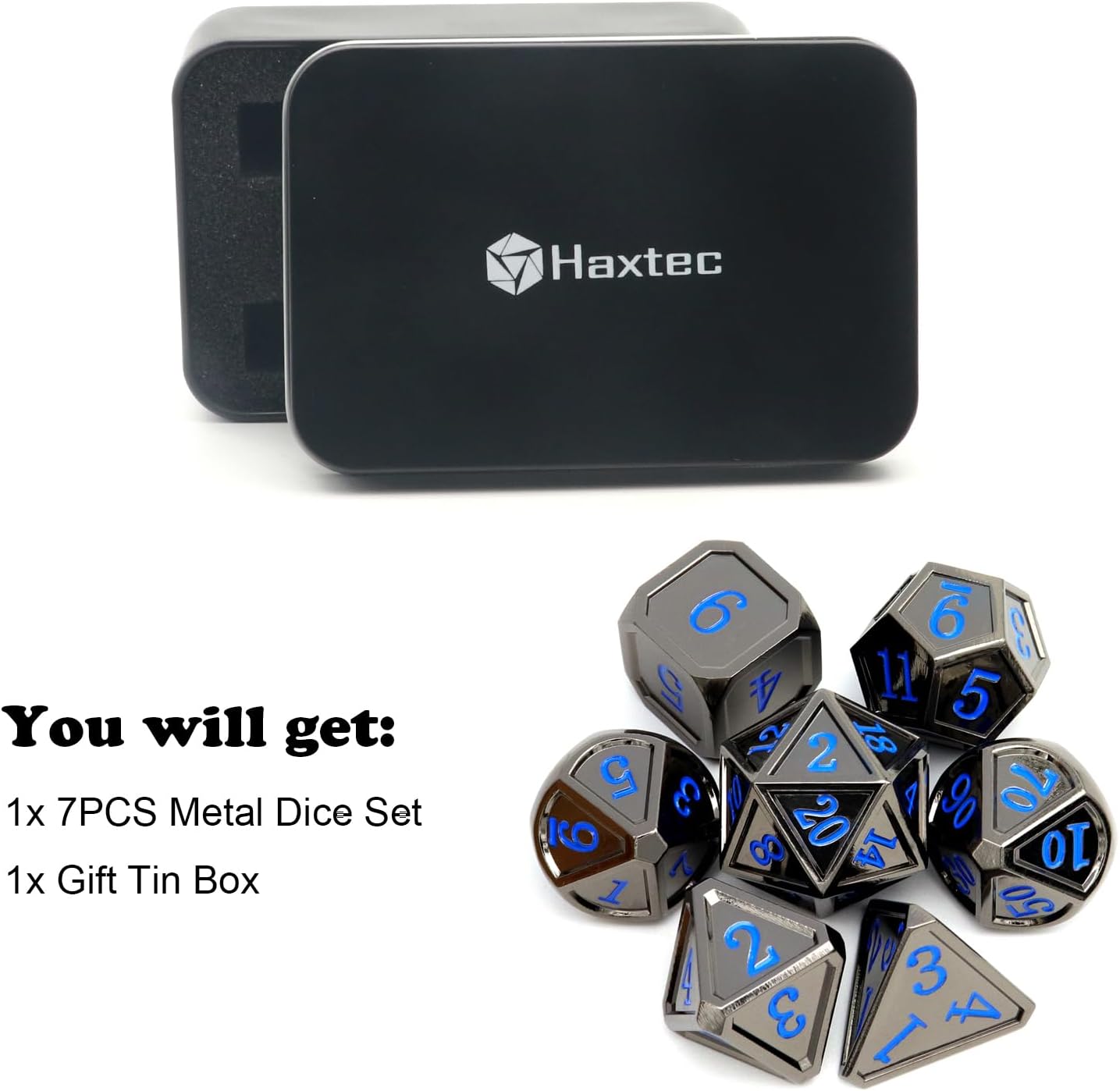 Haxtec Black Metal DND Dice Set D&D W/Gift Metal Case Polyhedral Dice Compatible with Dungeons and Dragons TTRPG-Black Blue Numbers